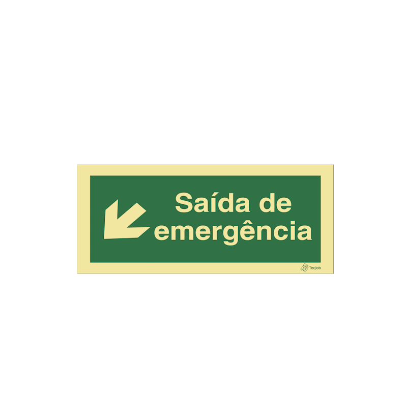 Sinalética Saída de Emergência em Texto - Seta Diagonal Esquerda para Baixo - E0034
