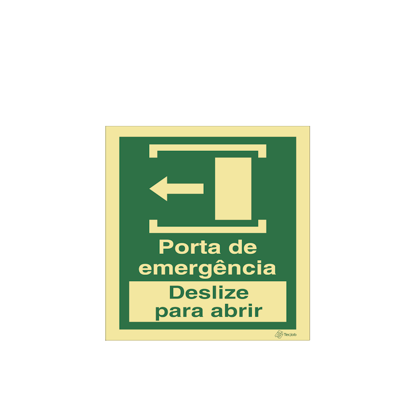 Sinalética Porta de Emergência. Deslize para Abrir (Esquerda) - E0423
