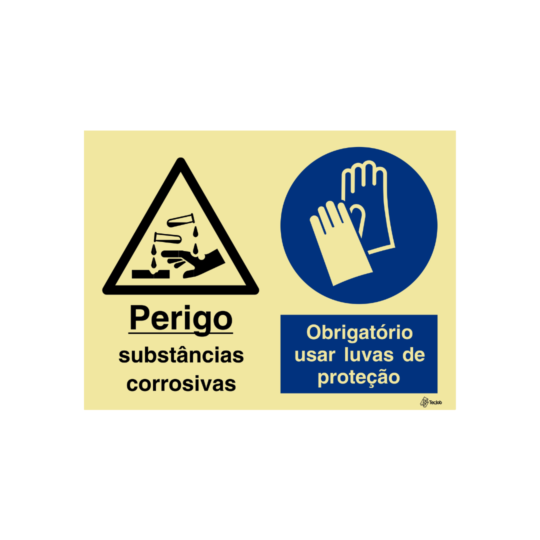 Sinalética Perigo Substâncias Corrosivas/Obrigatório Usar Luvas de Proteção – OB0331