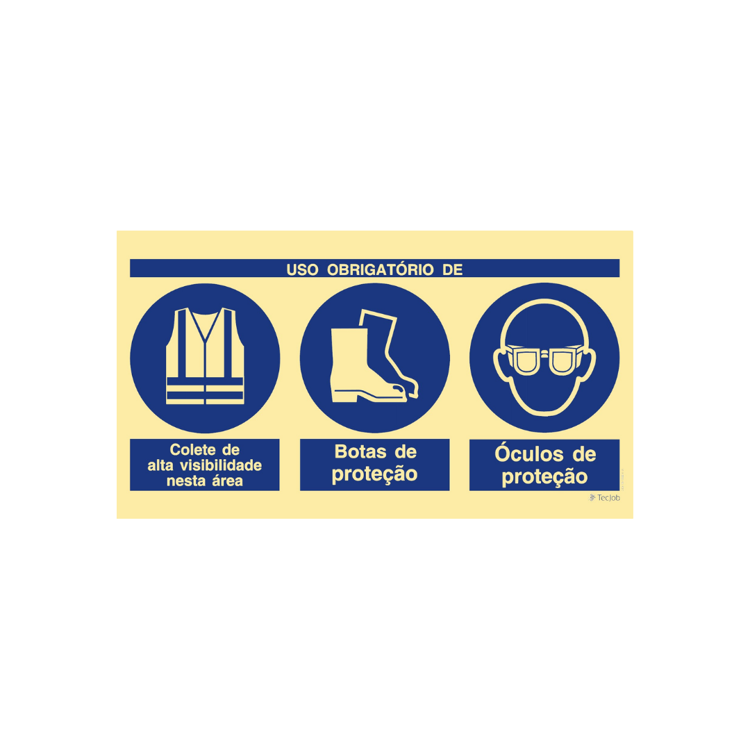Sinalética Uso Obrigatório de Colete de Alta Visibilidade, Botas e Óculos de Proteção – OB0427